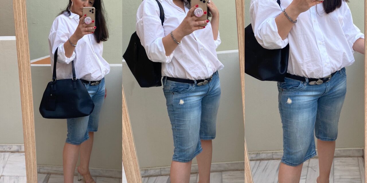 Vintage shorts με λευκό πουκάμισο και invisible sandals