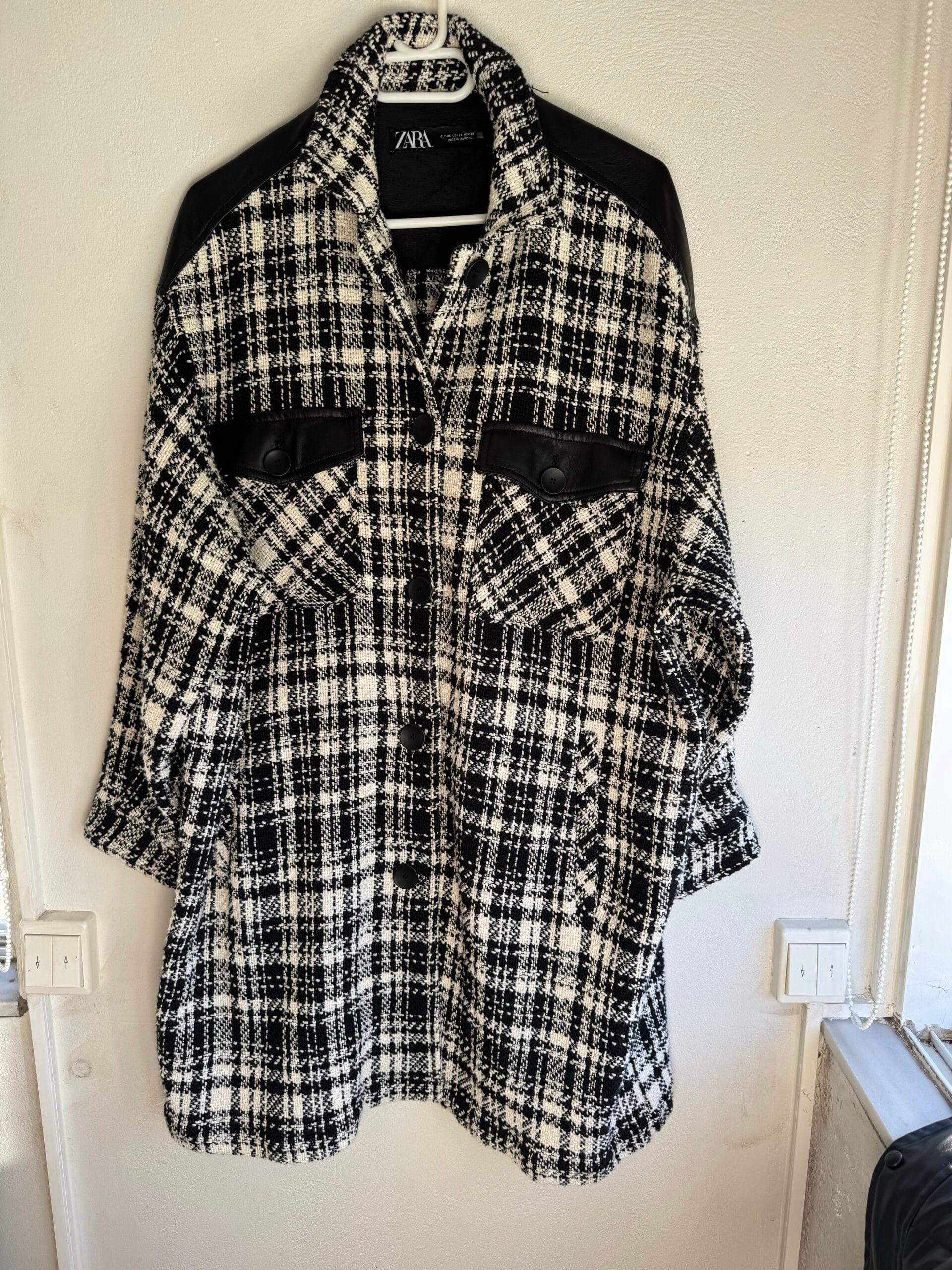 Zara Black & White Tweed Shacket with Faux-Leather Details 1 Zara Black & White Tweed Shacket with Faux-Leather Details