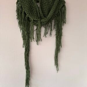 Boho Hand-Knit Olive Fringe Shawl — Statement Winter Wrap