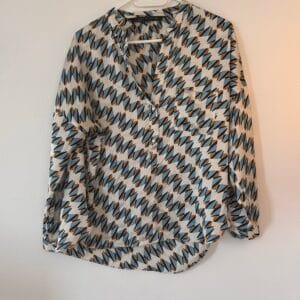 ZARA Woman Printed Blouse – Geometric Cream/Teal/Brown Pattern (S)