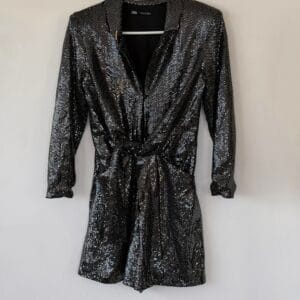ZARA Metallic Mini Shirt Dress – Silver Sparkle (XS)
