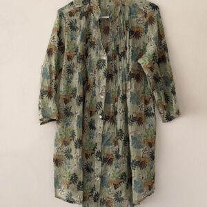 FASHION MEDIA BRAND 21 Exotic safari-inspired cotton shirt dress by Lara Ethnics, featuring a unique jungle print with leopards and botanical elements. Lightweight 100% cotton fabric and relaxed silhouette make it a standout summer piece.