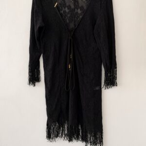 FASHION MEDIA BRAND 25 Black Lace Kimono Cover-Up with Fringe Details – Preloved Statement Piece