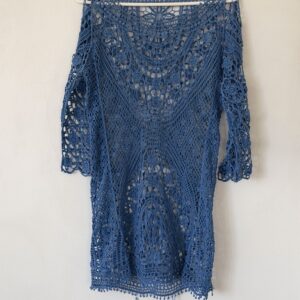 Boho Crochet Blue Tunic Dress – Sheer Lace Cover-Up (S/M)