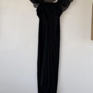 Loukia Black Draped Maxi Dress with Sheer Ruffle Shoulders